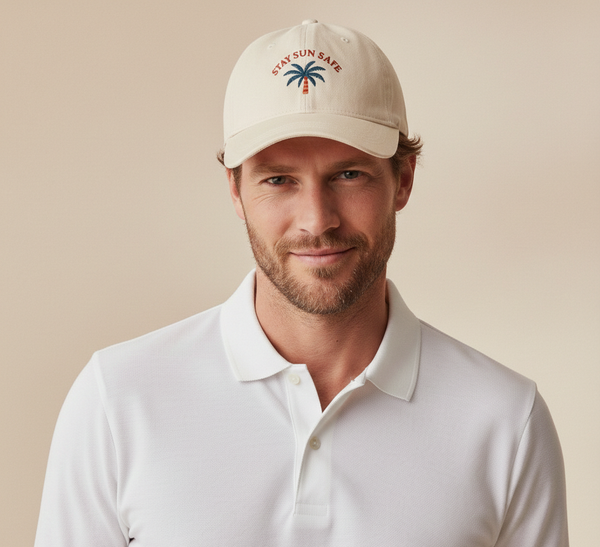 Portrait rapproché d'une homme inclinant la tête vers l'avant pour mettre en évidence le logo palmier et l'inscription sur sa casquette beige