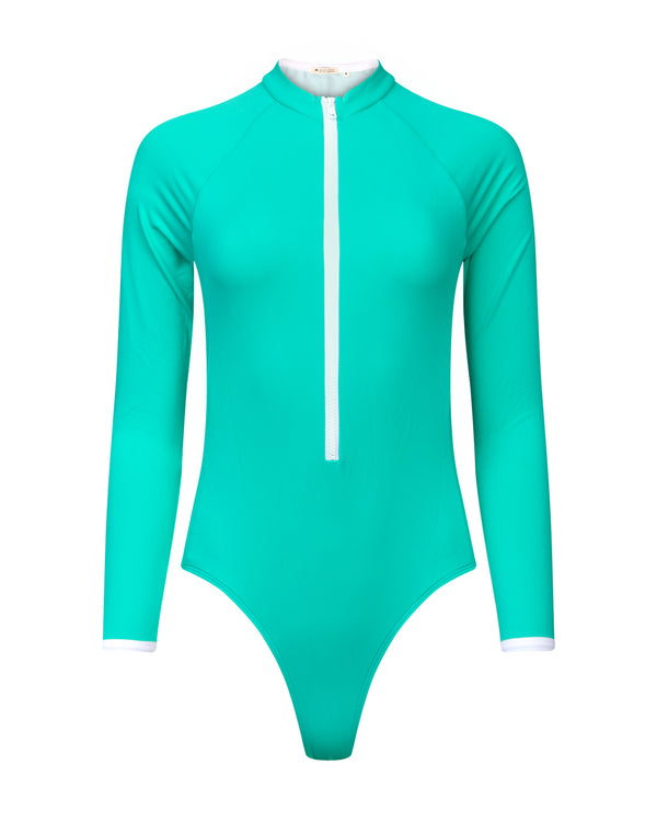 maillot de bian une piece manches longues anti-uv UPF 50+ femme turquoise