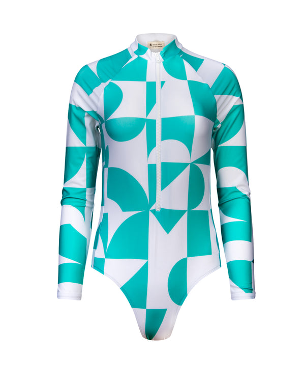 maillot de bain une piece manches longues anti-uv UPF 50+ femme motif turquoise geometrique