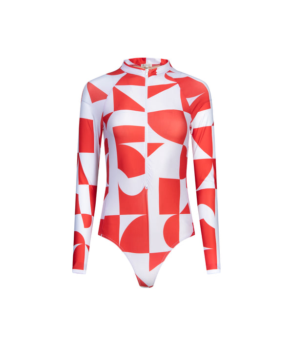 maillot de bian une piece manches longues anti-uv UPF 50+ motif rouge géometrique