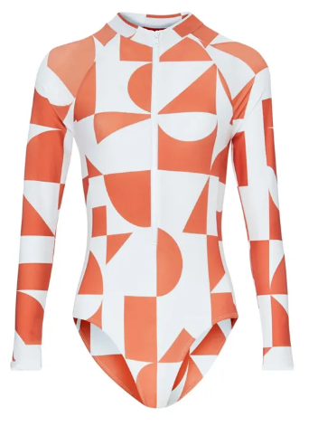 maillot de bain une piece manches longues anti-uv UPF 50+ femme motif géometrique rouille