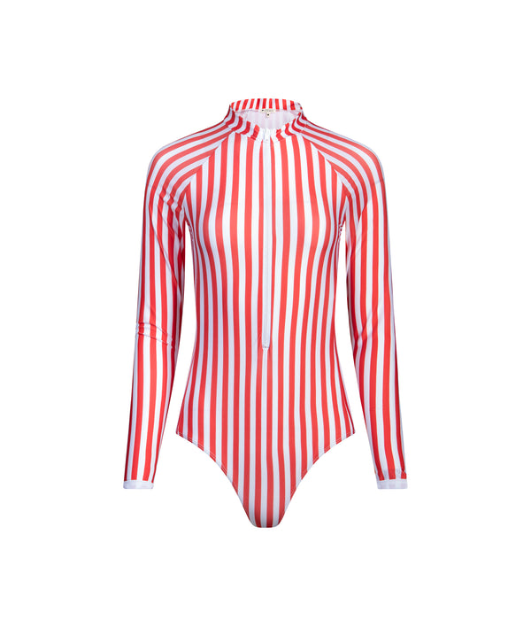 maillot de bian une piece manches longues anti-uv UPF 50+ rayure rouge