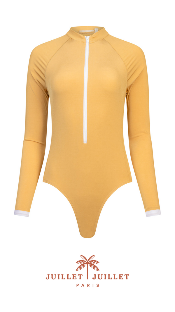 maillot de bain une piece manches longues anti-uv UPF 50+ femme beige