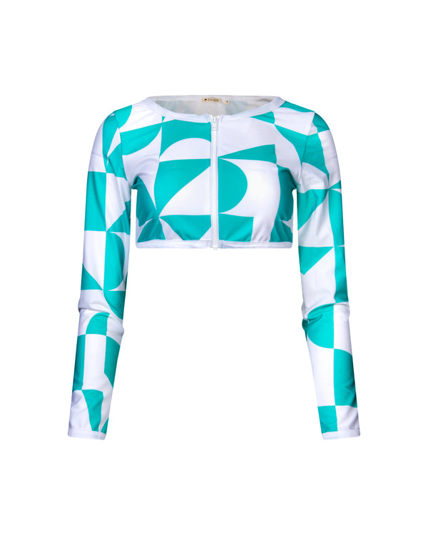 crop top manches longues anti-uv UPF 50+ femme geometrique turquoise