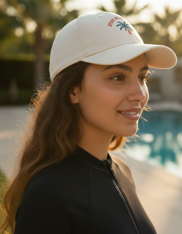Portrait de trois-quarts face d'une femme portant une casquette beige 'Stay Sun Safe' et un maillot de bain noir, avec un éclairage chaleureux de fin de journée