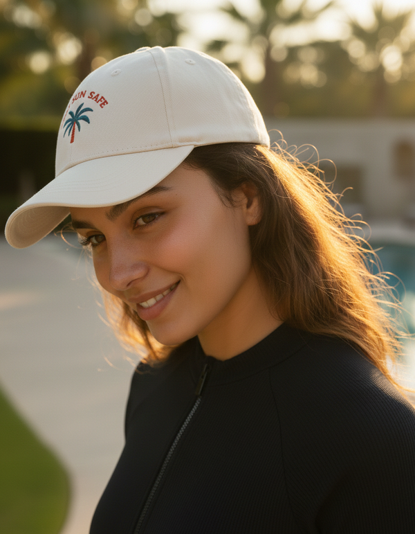 Portrait d'une femme avec la même casquette beige à logo palmier, remplaçant la chemise par un maillot de bain noir à fermeture éclair, bord de piscine en arrière-plan