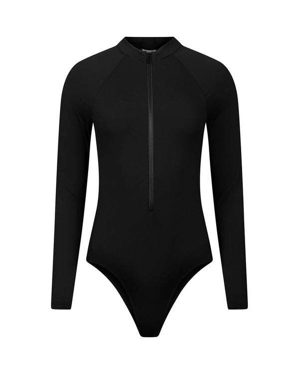 maillot de bain une piece manches longues anti-uv UPF 50+ femme noir rainuré