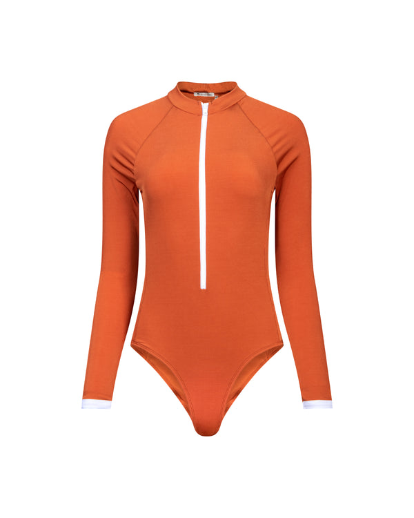 maillot de bain une piece manches longues anti-uv UPF 50+ femme rouille rainuré