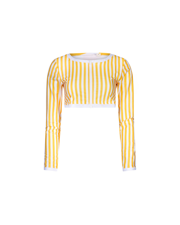 haut de maillots de bains crop top manches longues anti-uv UPF 50+ femme jaune rayure