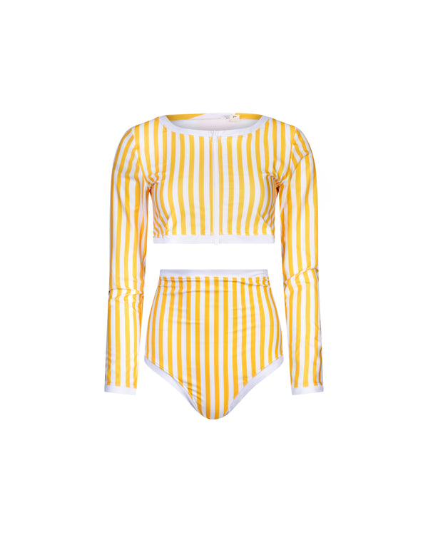 Long sleeve crop top Giulia Yellow/White stripe UPF 50+