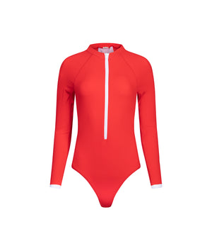 maillot de bian une piece manches longues anti-uv UPF 50+ rouge rainuré