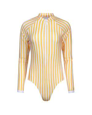 maillot de bain une piece manches longues anti-uv UPF 50+ femme jaune rayures