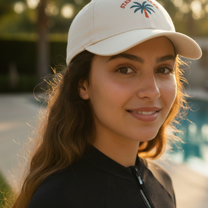 Portrait de face d'une jeune femme souriante portant une casquette beige avec un logo de palmier 'Stay Sun Safe', vêtue d'une chemise blanche, devant une piscine au coucher du soleil.