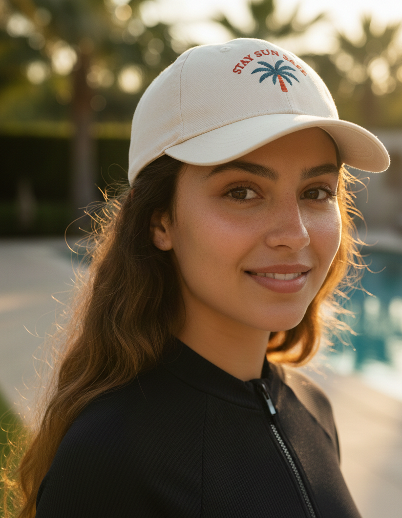 Portrait de face d'une jeune femme souriante portant une casquette beige avec un logo de palmier 'Stay Sun Safe', vêtue d'une chemise blanche, devant une piscine au coucher du soleil.