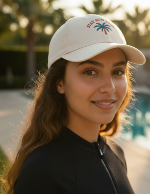 Portrait de face d'une jeune femme souriante portant une casquette beige avec un logo de palmier « Stay Sun Safe », vêtue d'une chemise blanche, devant une piscine au coucher du soleil.