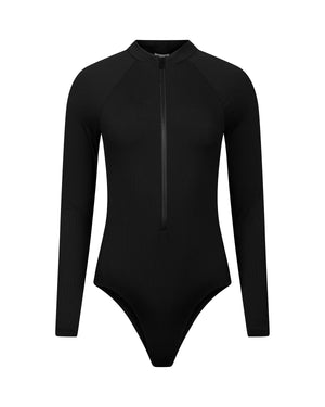 maillot de bain une piece manches longues anti-uv UPF 50+ femme noir rainuré