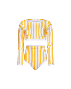 
            
                Load image into Gallery viewer, Long sleeve crop top Giulia Yellow/White stripe UPF 50+
            
        