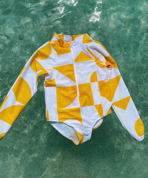 
            
                Load image into Gallery viewer, Palombaggia one piece Yellow/White Geometric print UPF 50+
            
        