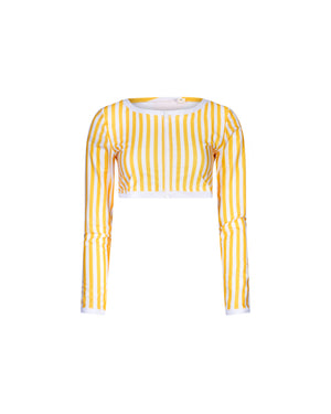 
            
                Load image into Gallery viewer, Long sleeve crop top Giulia Yellow/White stripe UPF 50+
            
        